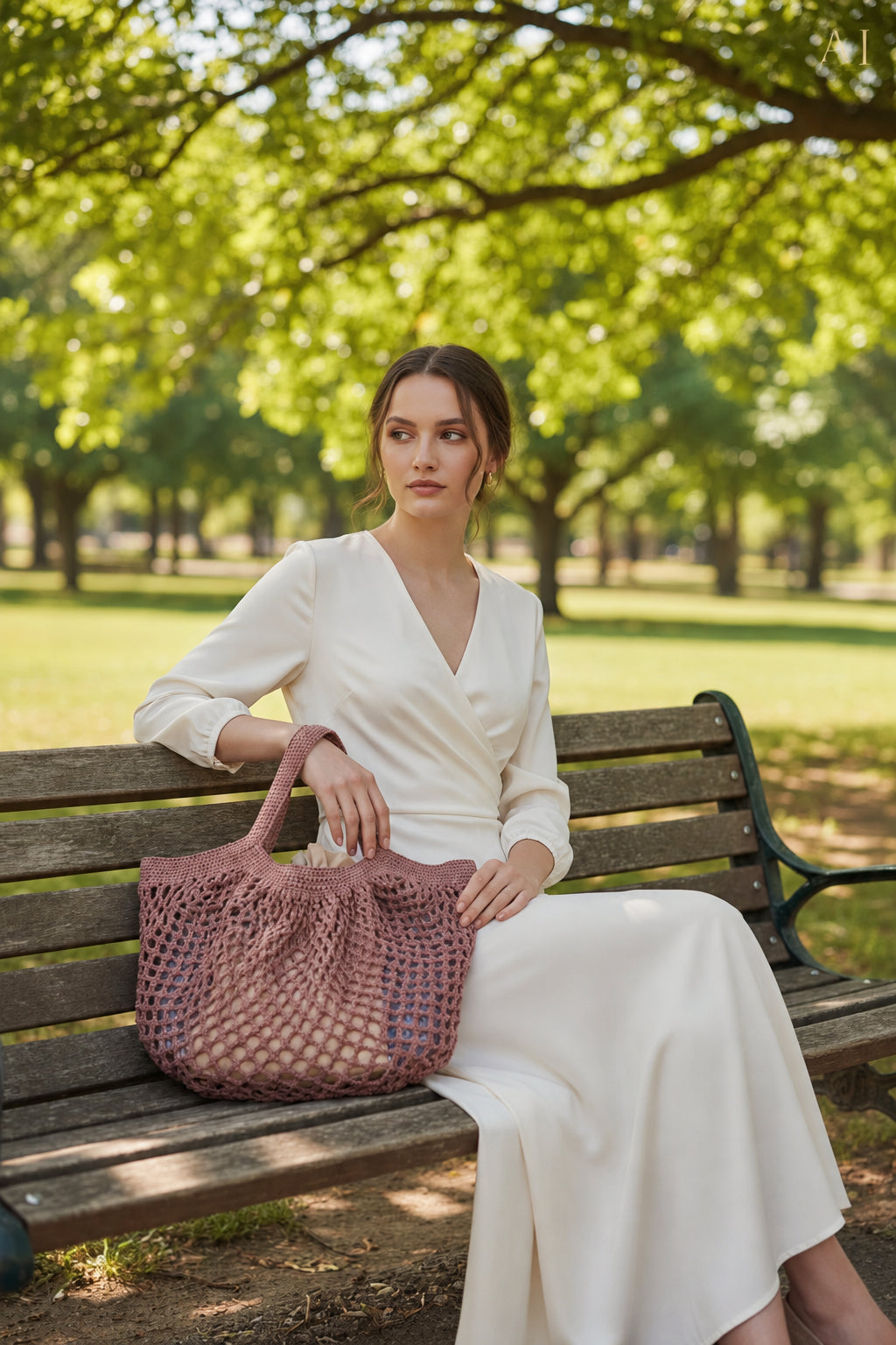 teddy crochet market bag with pouch model